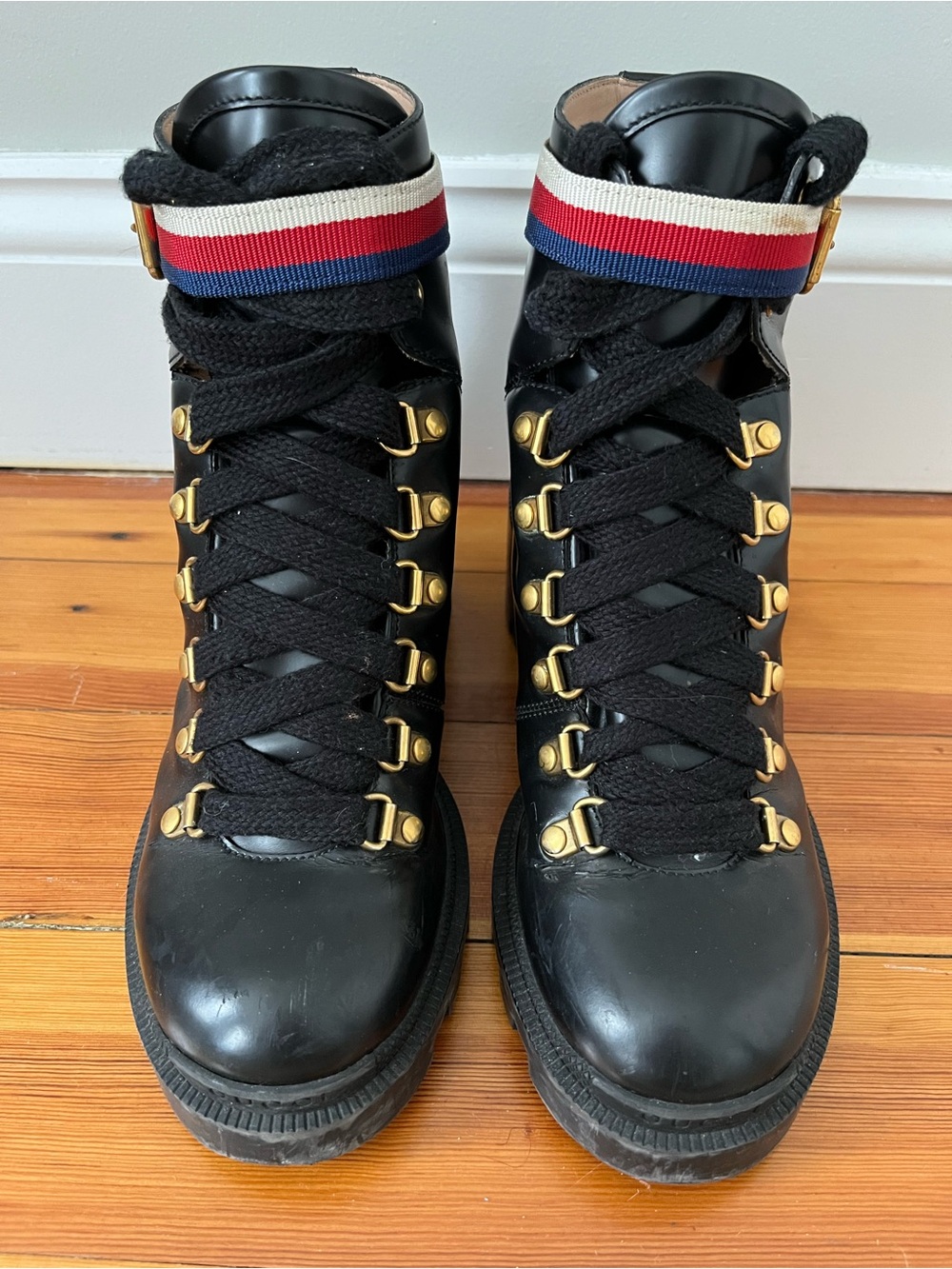 Gucci Black Leather Ankle Boots with Red, White & Blue Strap